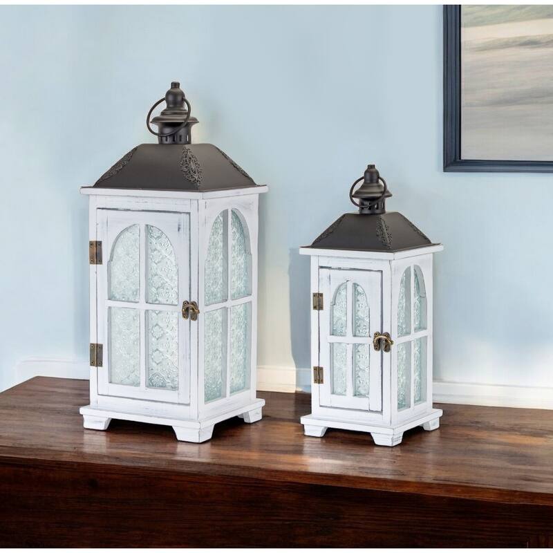 Set of Two White and Black Glass Wood and Metal Ornate Floor Lantern Candle Holders - One Size - White and Black - One Size