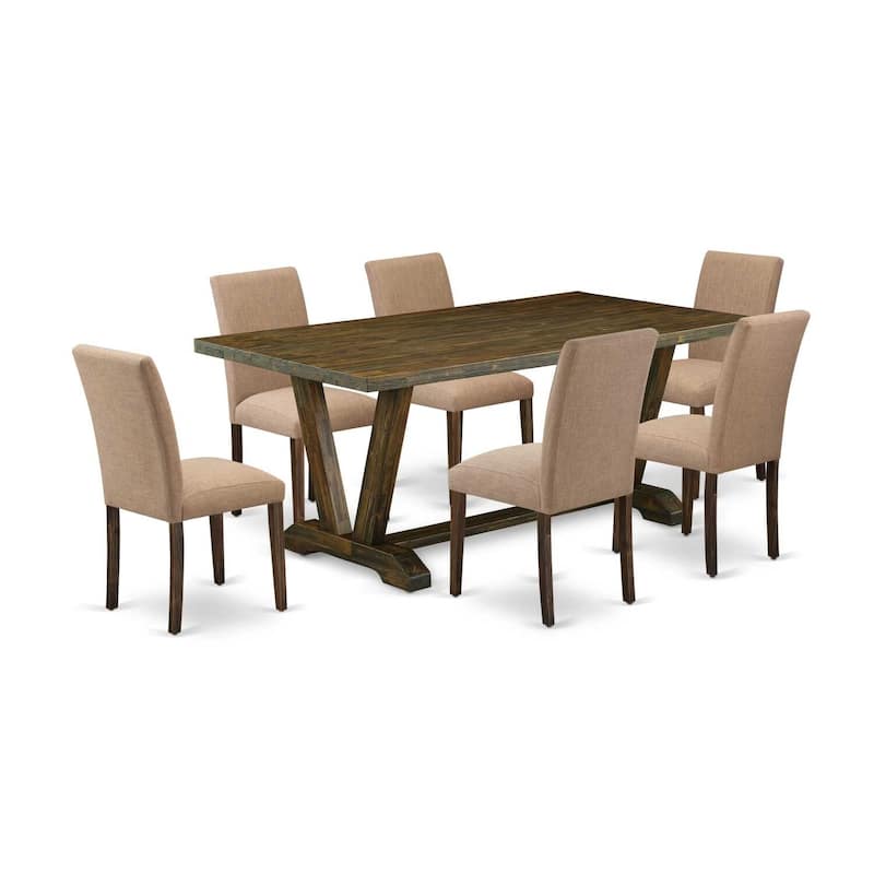 7-Piece Wooden Dining Set - Rectangular Table & 6 Upholstered Chairs - Rustic Distressed Finish