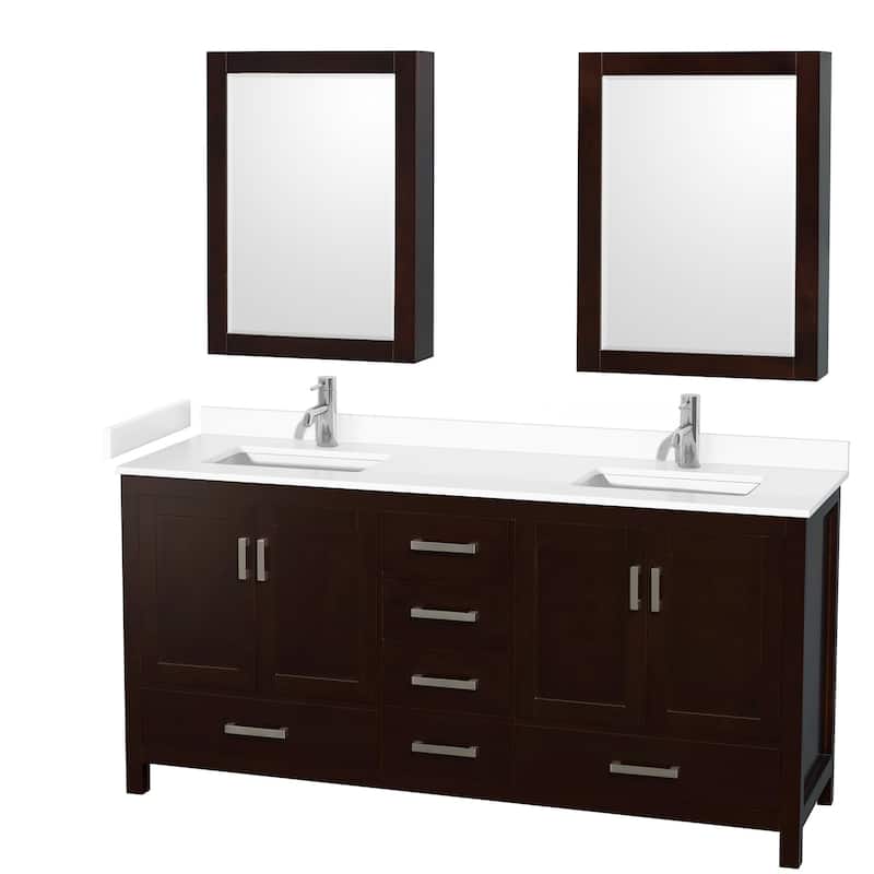 Wyndham Collection Sheffield 72" Double Bathroom Vanity, Carrara - Espresso / White Cultured Marble Top / Brushed