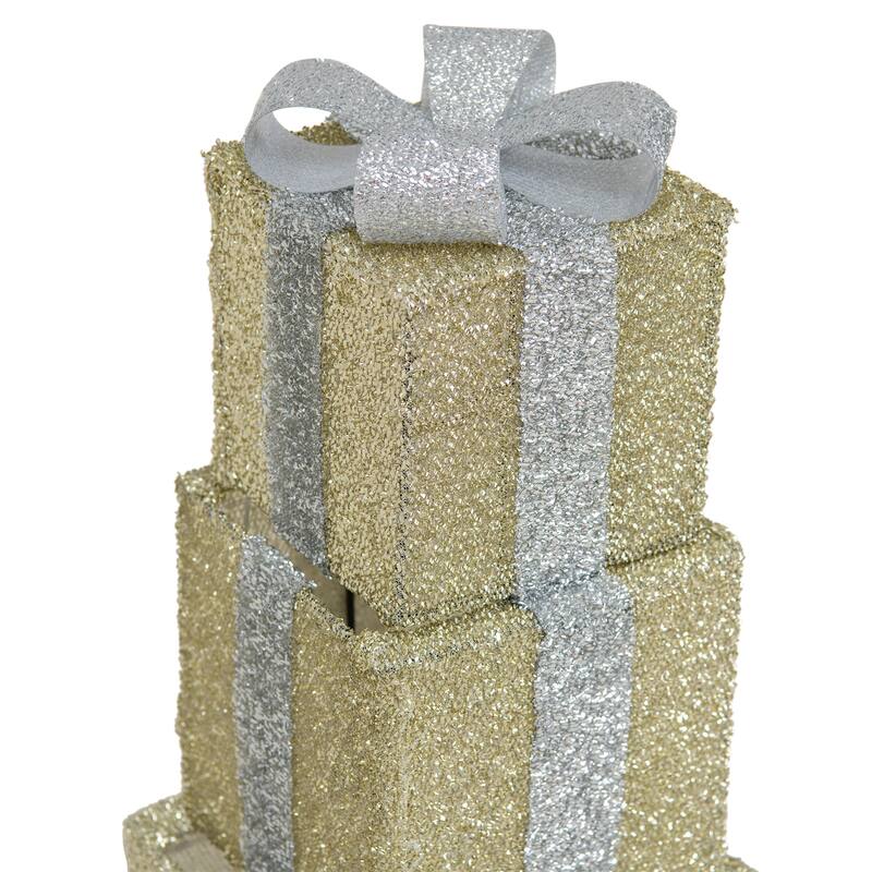 Sunjoy 34 in. Christmas Illuminated Stacking Gift Box,3D Tinsel Santa