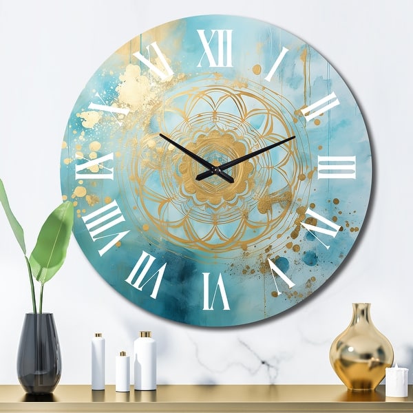 slide 2 of 11, Designart "Divine Mandala Delicate Gold Gentle Turquoise IV" Boho Mandala Oversized Wall Clock 29 In. Wide x 29 In. High