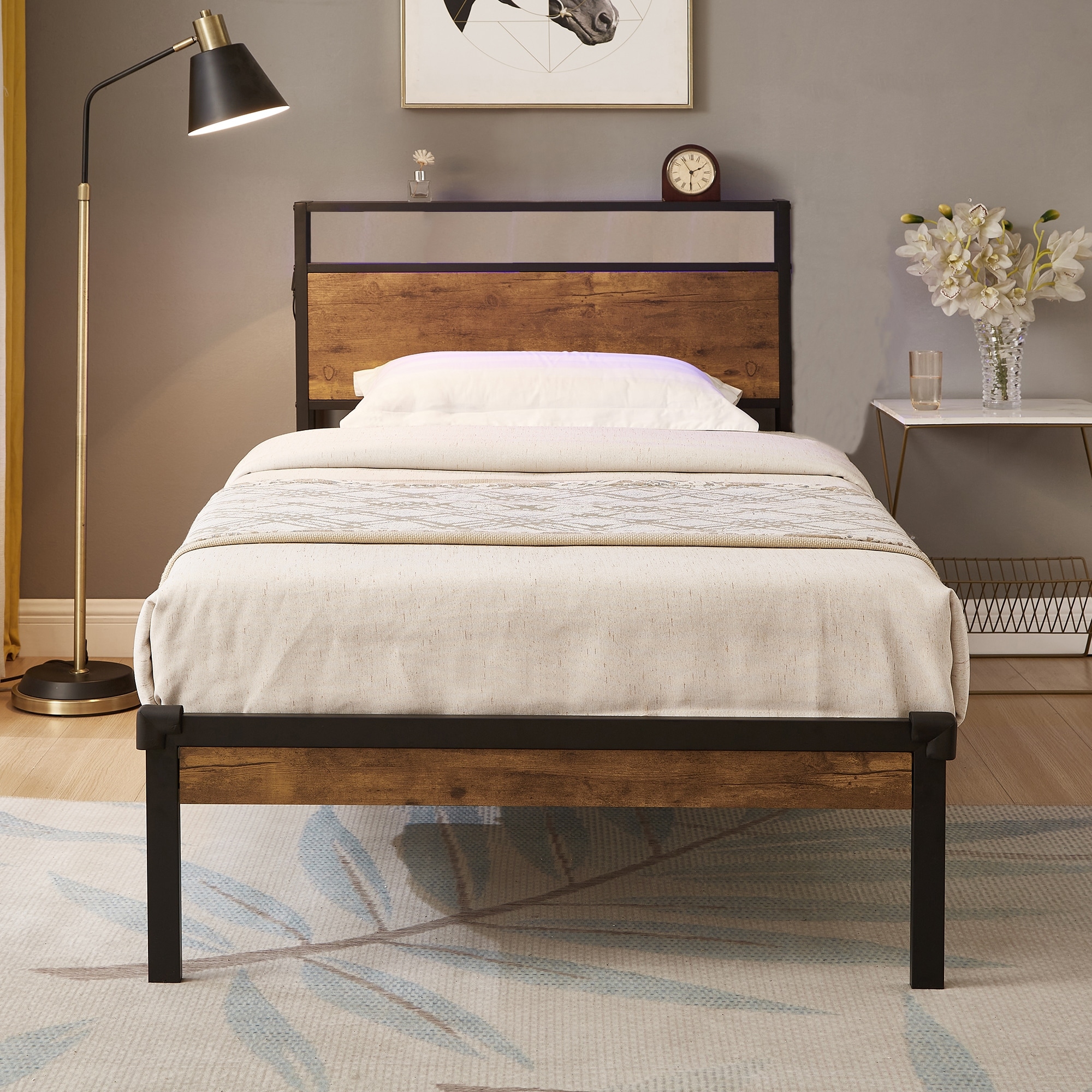 Classic Metal Platform Bed Frame, Wooden Headboard with Charging Station, Heavy Duty Metal Slats Support, Under Bed Storage