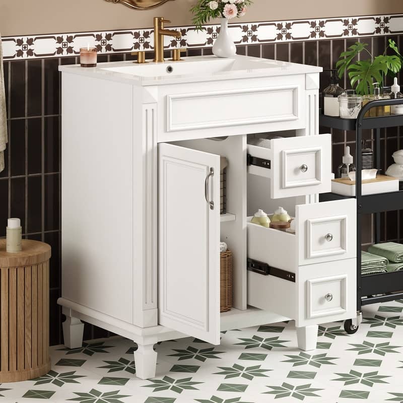 24" Bathroom Vanity with Ceramic Sink, 2 Drawers and Adjustable Shelf - White