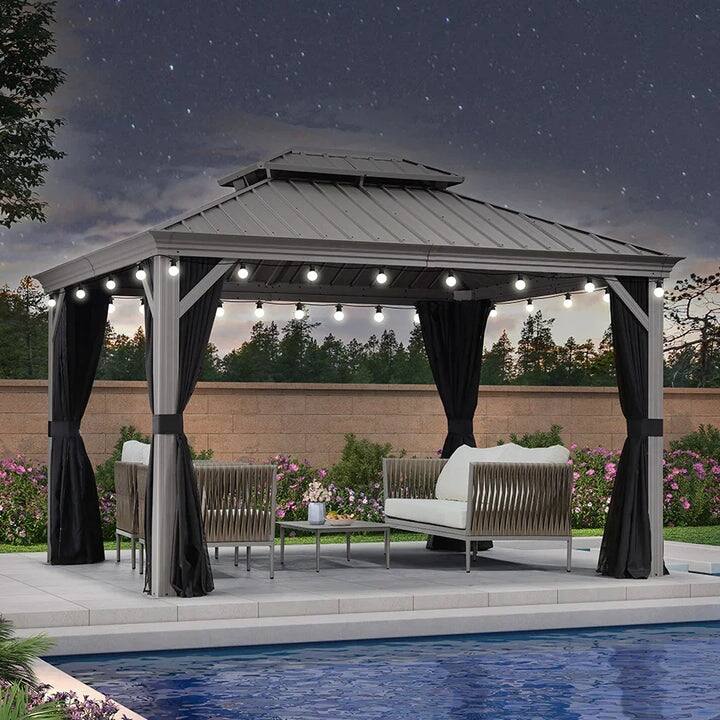 PURPLE LEAF Patio Gazebo for Light Grey Backyard Hardtop Galvanized Steel Frame with Upgrade Curtain - 10' x 12' (Hot Sale) - With lights