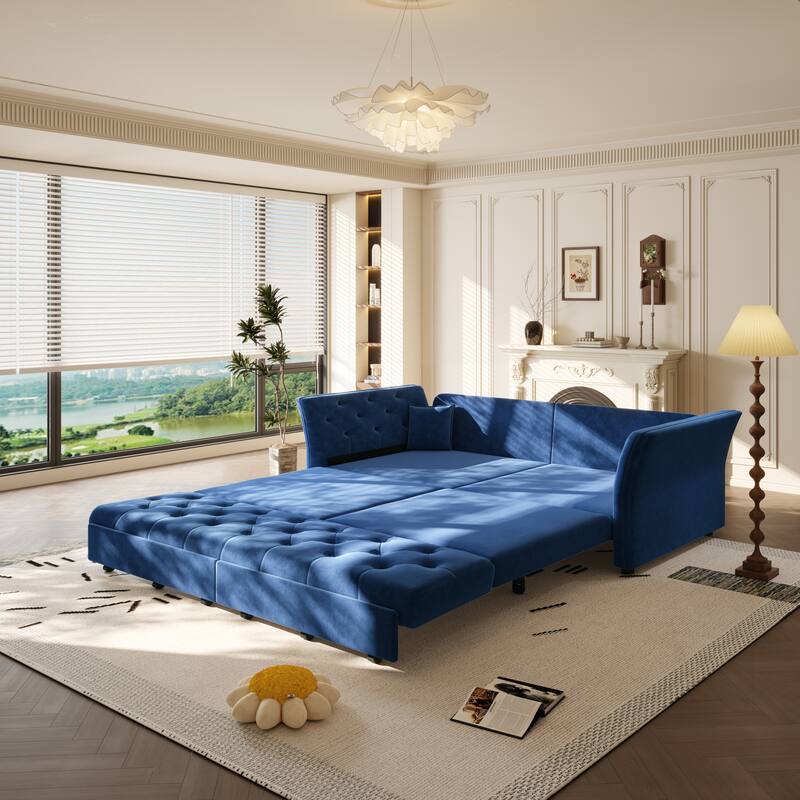 74.4" Queen Pull Out Sofa Bed with Tufted Velvet Fabric - Convertible Sleeper for Living Room, Apartment - Blue