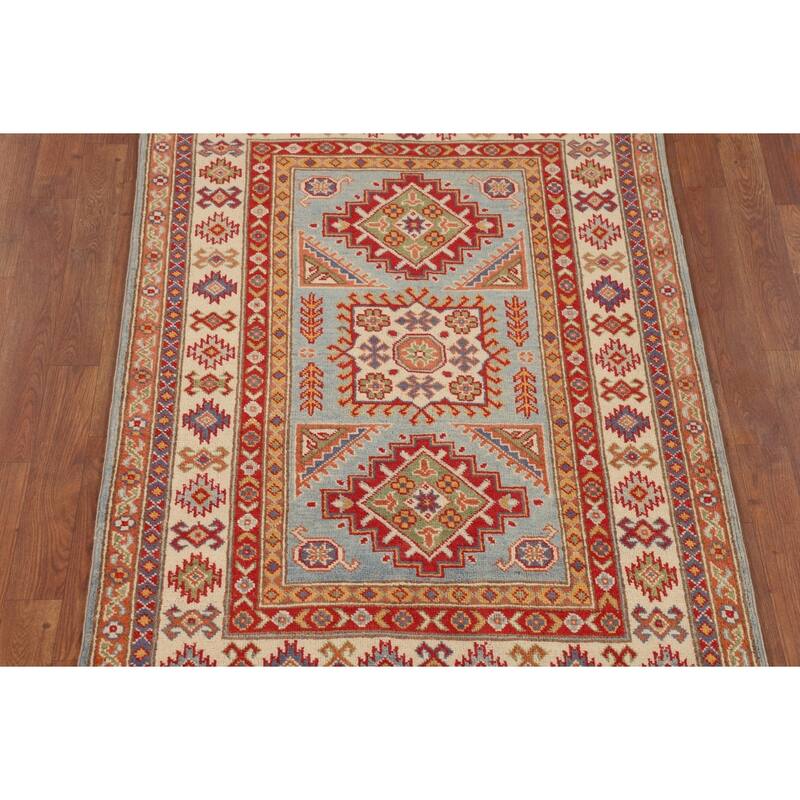 Geometric Kazak Accent Rug Handmade Blue Wool Carpet - 3'5" x 4'10"
