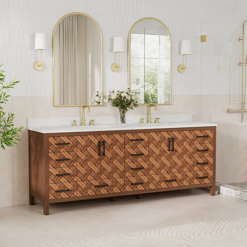 84" Freestanding Bathroom Vanity with Engineered Stone Top, Ceramic Double-Sink, Built-In Power Outlet, and Hair Dryer Storage