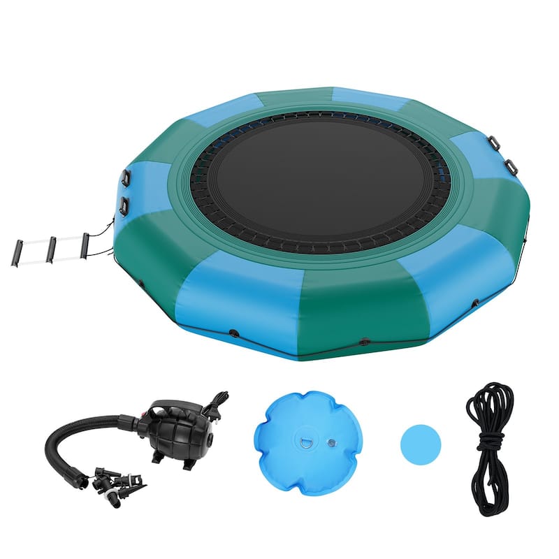 12ft Portable Inflatable Recreational Water Bouncer Trampoline with 3-Step Ladder and Electric Air Pump