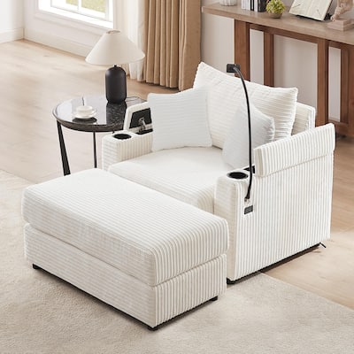 Corduroy Armchair with Footrest & USB