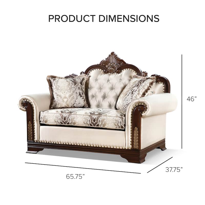 Furniture of America Mirabella Traditional Beige Tufted Solid Wood Loveseat with Accent Pillows