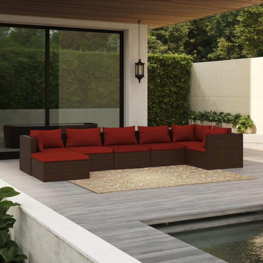 Faye 7pc Modular Lounge Sofa Set, Brown Poly Rattan, Red Cushions