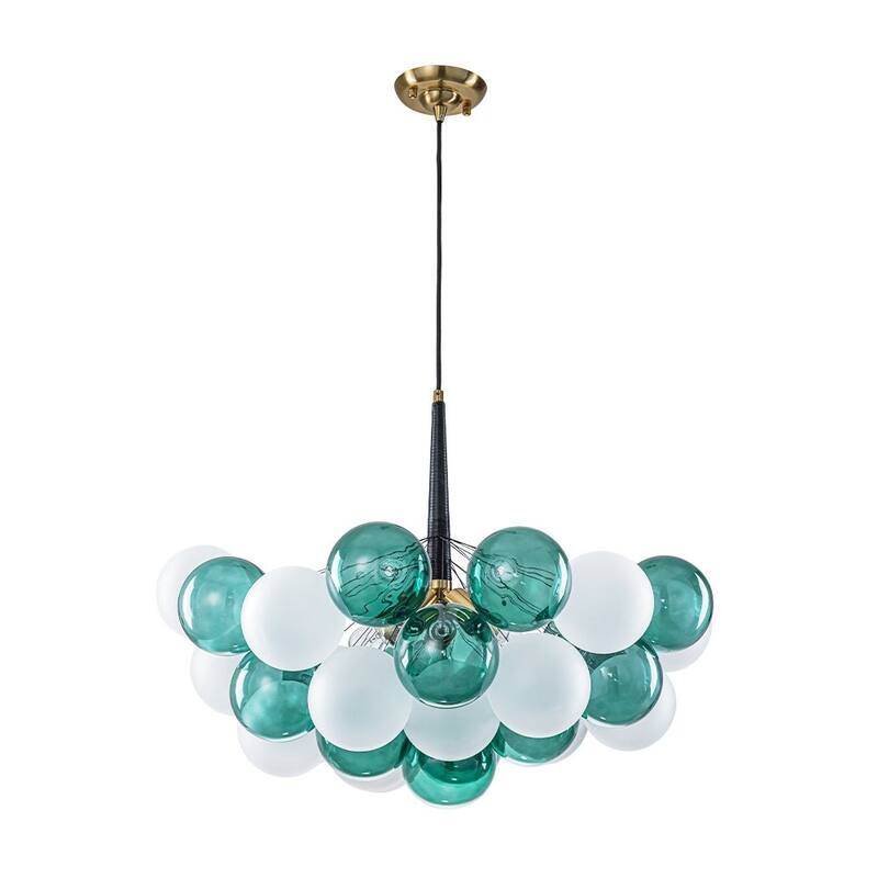 French 5-Light White Green Bubble Cluster Glass Globe Chandelier - 25.6 Inches