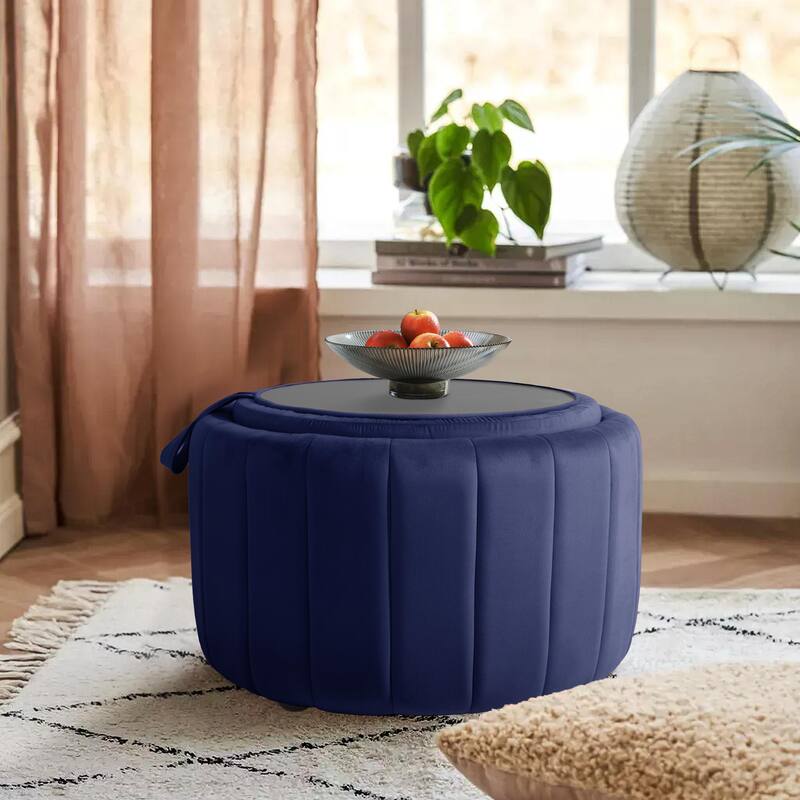 30" W Round Velvet Upholstered Storage Ottoman with Flip Top Tray