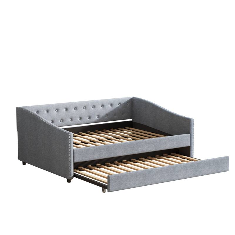 Linen Tufted Daybed with Trundle, Upholstered Platform Sofa Bed Frame, Wooden Slat Support