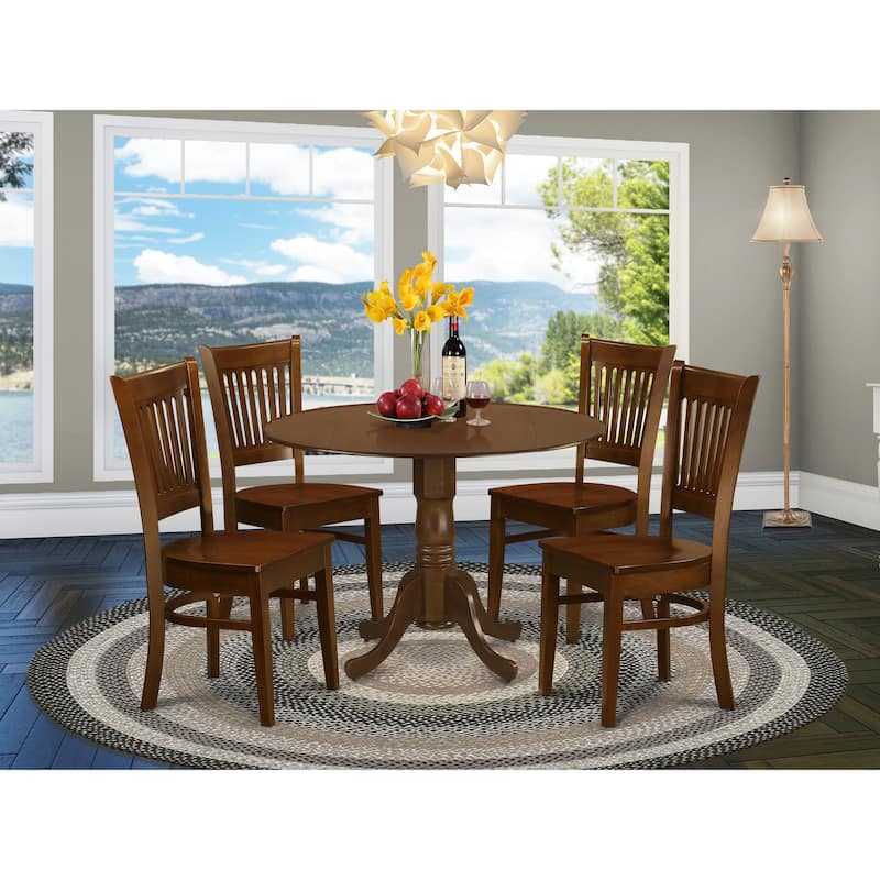 East West Furniture 5 Piece Dining Set- a Round Dining Room Table with Dropleaf and 4 Kitchen Chairs, Espresso (Seat Options) - DLVA5-ESP-W
