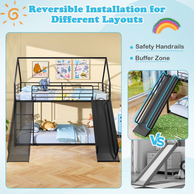 Black Twin Size Metal Bunk Bed with Slide and Ladder Heavy Duty Loft Frame with Guardrails for Kids