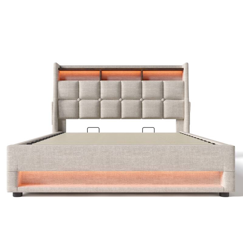 Queen Size Upholstered Bed with Hydraulic Storage, LED, and USB Charging