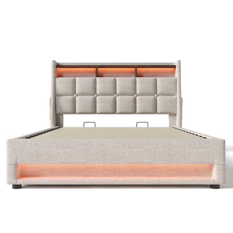 Queen size Upholstered Platform bed with a Hydraulic Storage System, LED and USB Charging, without mattress