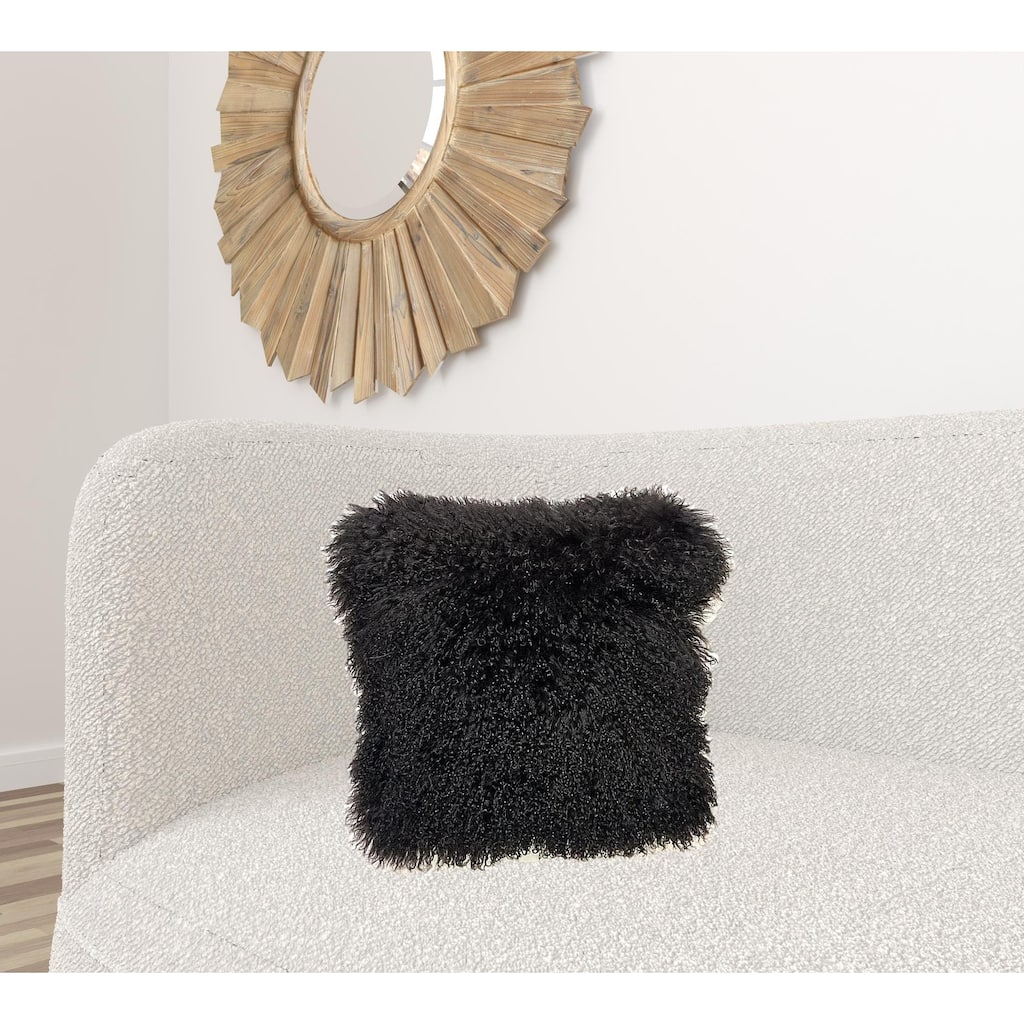 20" Black Genuine Tibetan Lamb Fur Pillow With Microsuede Backing