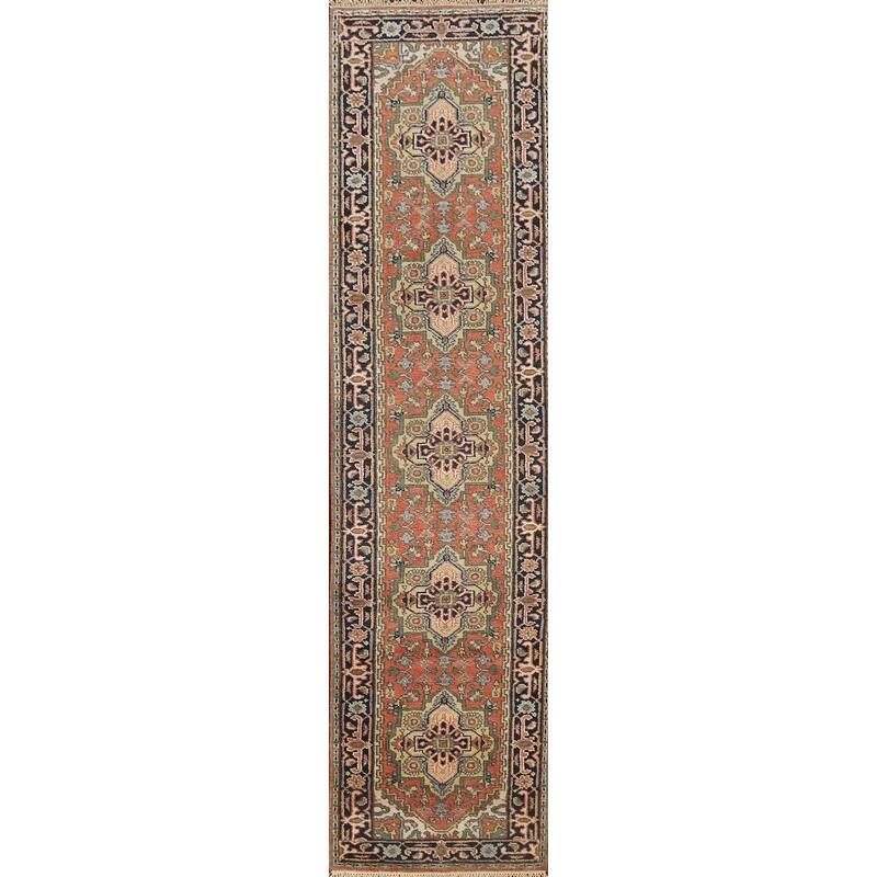 Hand Knotted Oriental 100% Wool Carpet Traditional Geometric Oranges & Rust Indo Heriz Serapi Runner Rug - 11' 11'' X 2' 7''