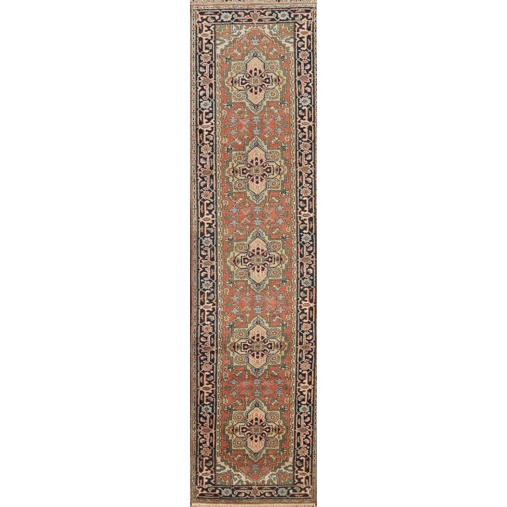 Hand Knotted Oriental 100% Wool Carpet Traditional Geometric Oranges & Rust Indo Heriz Serapi Runner Rug - 11' 11'' X 2' 7''