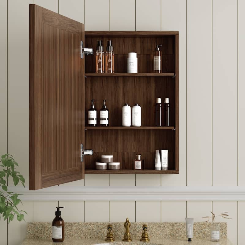 Wood Medicine Cabinet with Mirror, Adjustable Shelves, Walnut, Recessed/Wall Mount