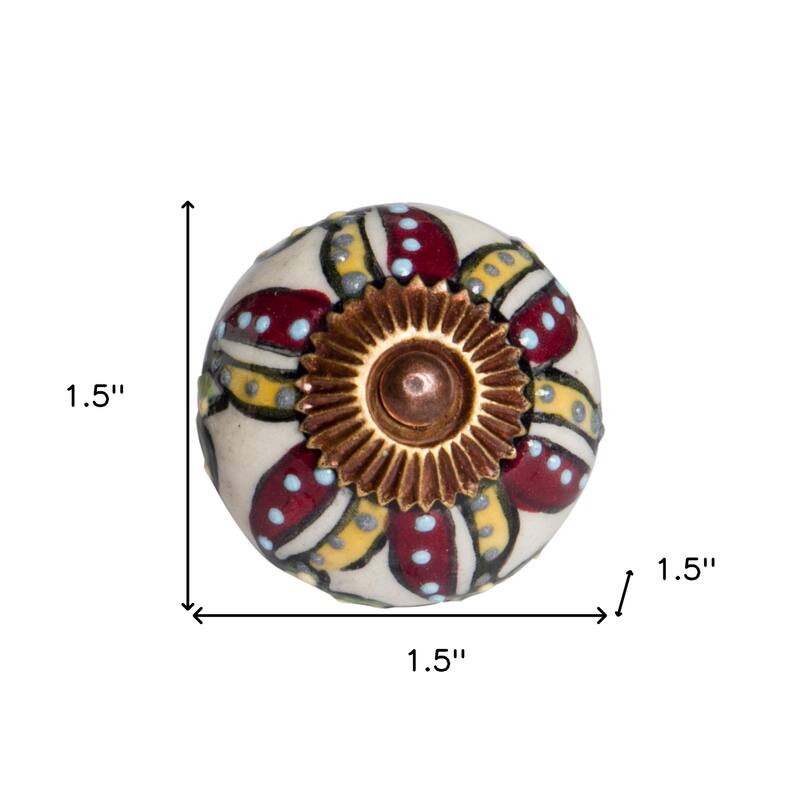 HomeRoots Set Of Eight Red And Yellow Botanical Ceramic Drawer Pull Knobs - 1.5" x 1.5" x 1.5"