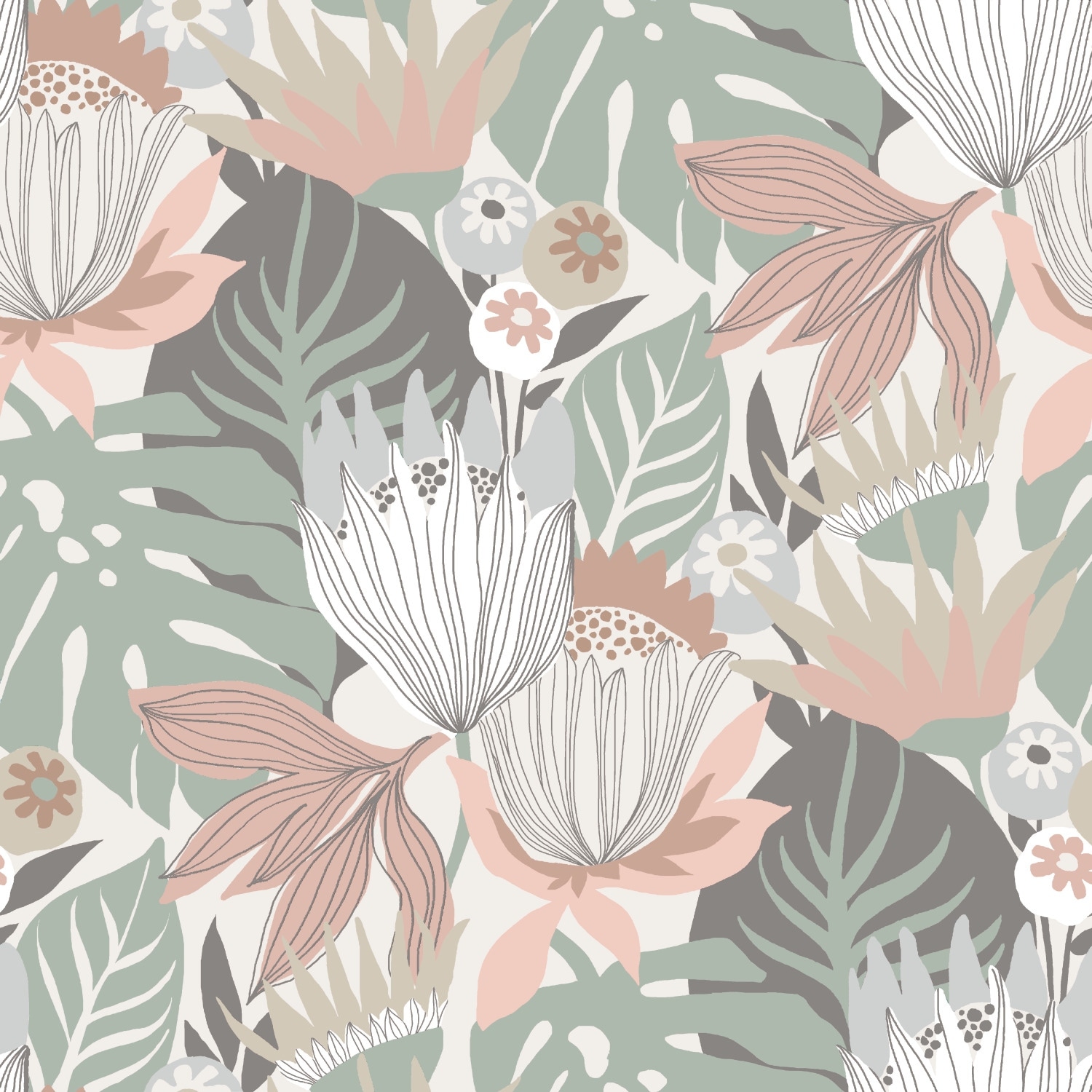 RoomMates Pink & Green Retro Tropical Leaves Peel and Stick Wallpaper