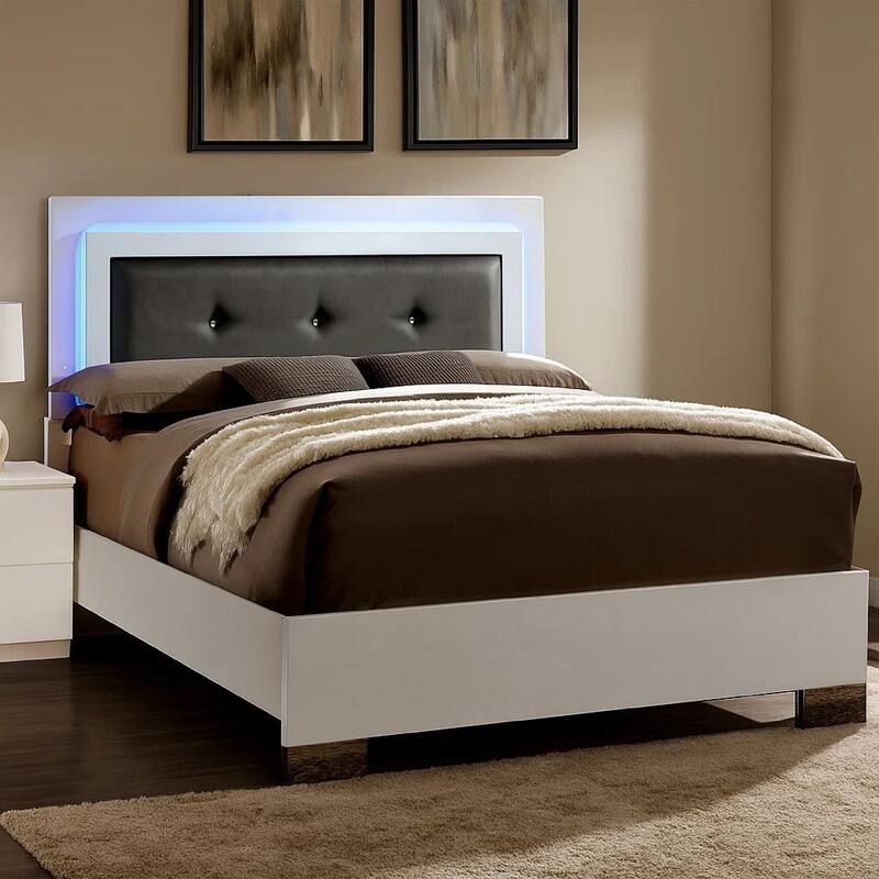 Contemporary Full Bed with LED Trim and Lacquer Coating, White and Gray