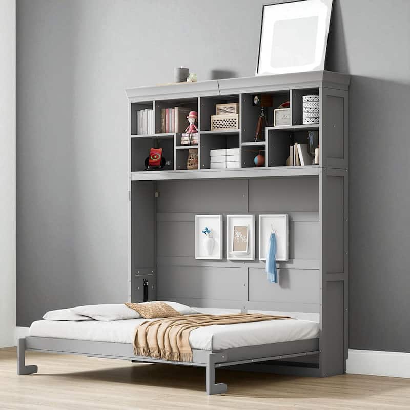 Queen Size Murphy Wall Bed with Storage Shelves and USB Ports, Space Saving Foldable Cabinet Bed