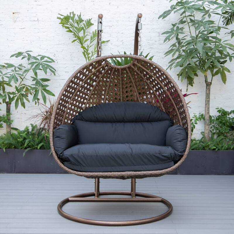 LeisureMod Mendoza Dark Brown 2 Seater Wicker Patio Hanging Double Swing Chair for Patio Porch Backyard Garden - 53"