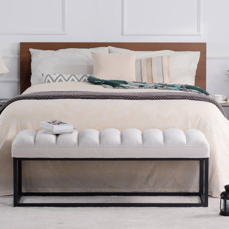 Exquisite Velvet Upholstered Footrest, Bedroom End of Bed Stool Leisure Stool Corridor Stool for Living Room Foyer - White