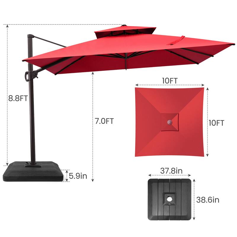 10FT Square Patio Cantilever-Offset 360 Degree Rotation Umbrella with Base
