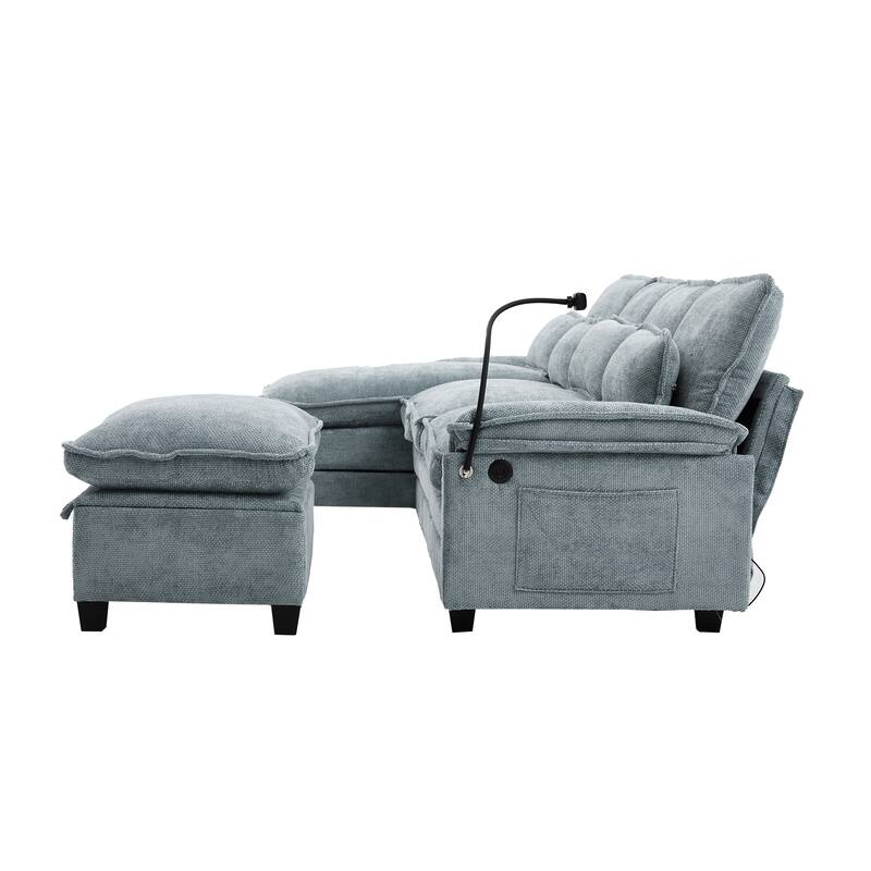 Chenille U-shape Sectional Sofa with Chaise and Storage Ottoman, Modular Couch with USB/Type-C Ports, Side Pockets, Phone Holder