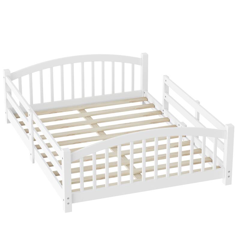 Roomfitters Montessori Floor Bed with Guardrails, Solid Wood Low Platform Bed with Slats, Easy Assembly