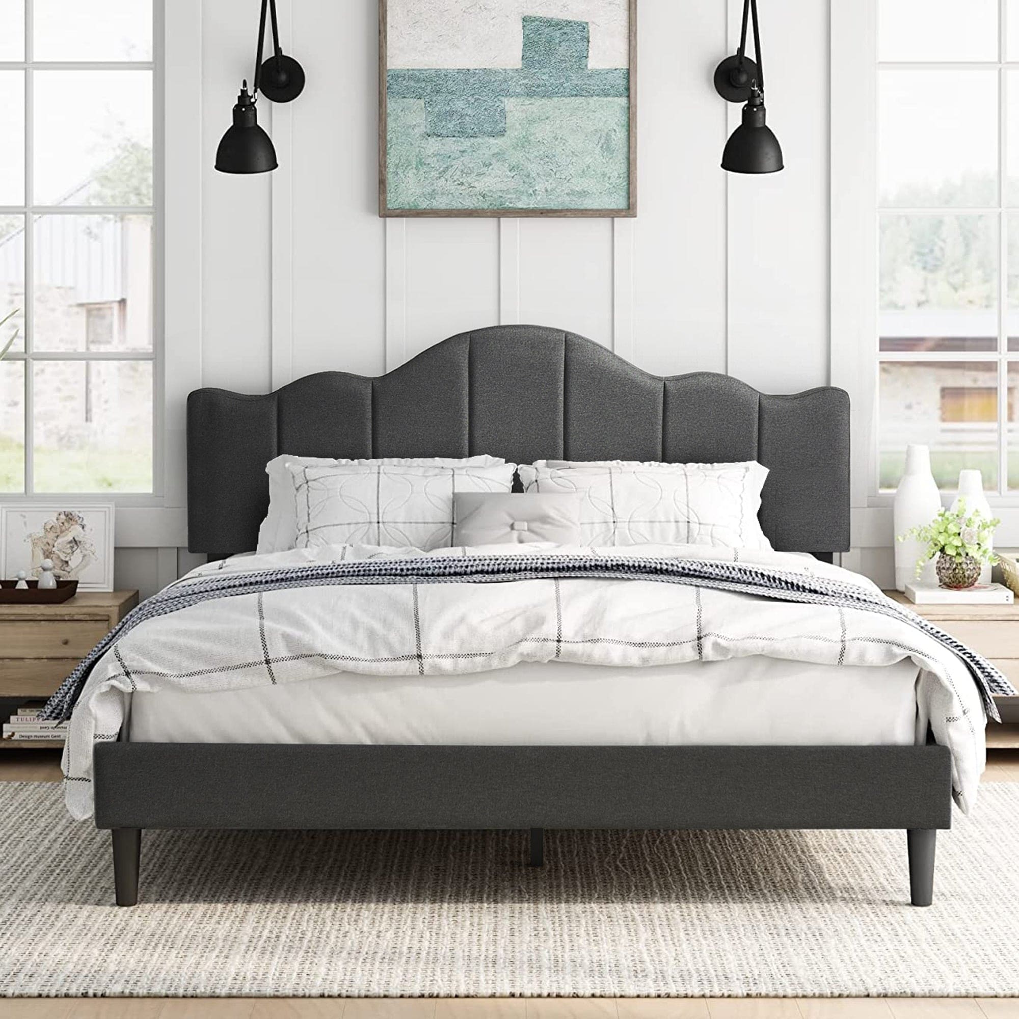 Javlergo Upholstered Platform Bed Frame with Adjustable Headboard Wood Slat Support and Noise-Free No Box Spring Needed