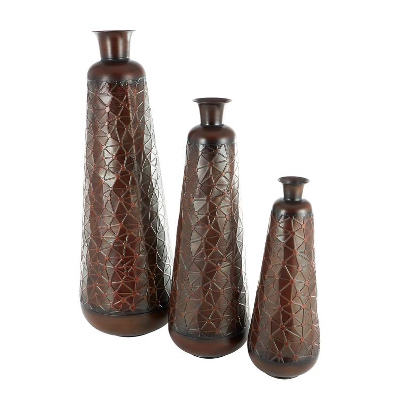Dark Brown Metal Tall Vase with Geometric Designs (Set of 3)