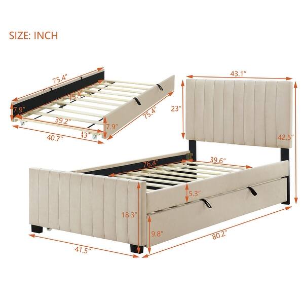 Twin Upholstered Platform Bed with Pull-Out Trundle, Velvet Frame with Sturdy Slats