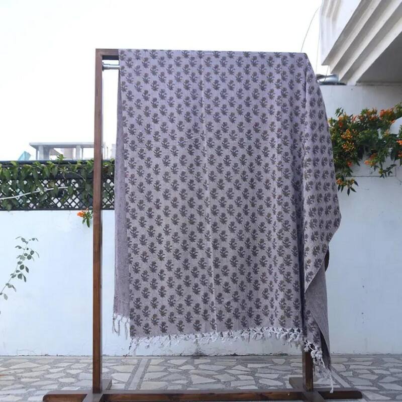 Fabdivine Coastal Tulip Handwoven Cotton Throw Blanket - Double-Sided Floral Block Print Decorative Throw with Fringe, 90" x 54"