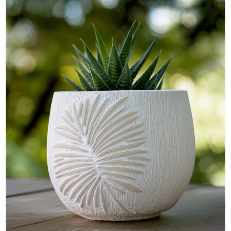 Pottery and Cement Round Planter with Carved Botanical Texture
