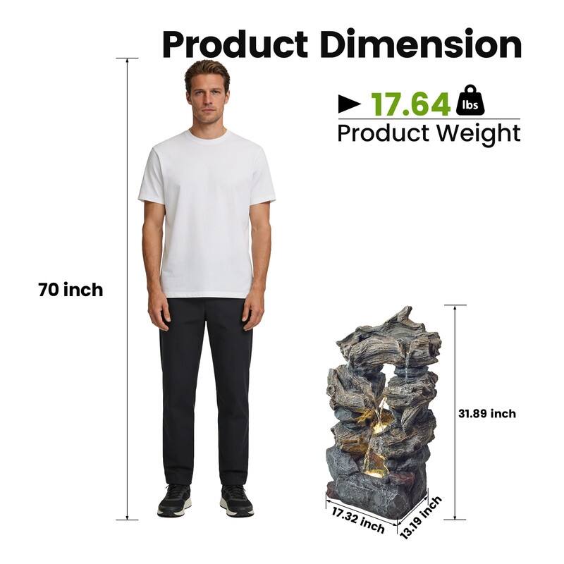 Outdoor 4-Tier Hand Crafted Polyresin Rainforest Wood Weather Resistant Fountain