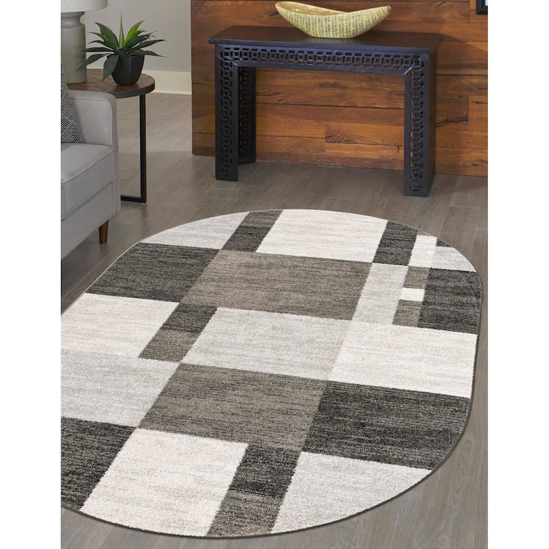Contemporary Beallara Collection Area Rug - 7'10"x10' Oval - Gray-Ivory