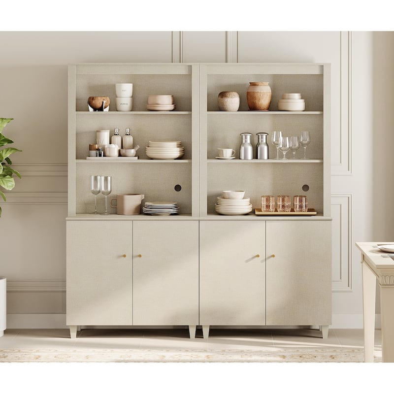 Modern 71" Tall Pantry Cabinet with Doors & Shelves for Dining Room - 4 Doors - Beige Linen Printed
