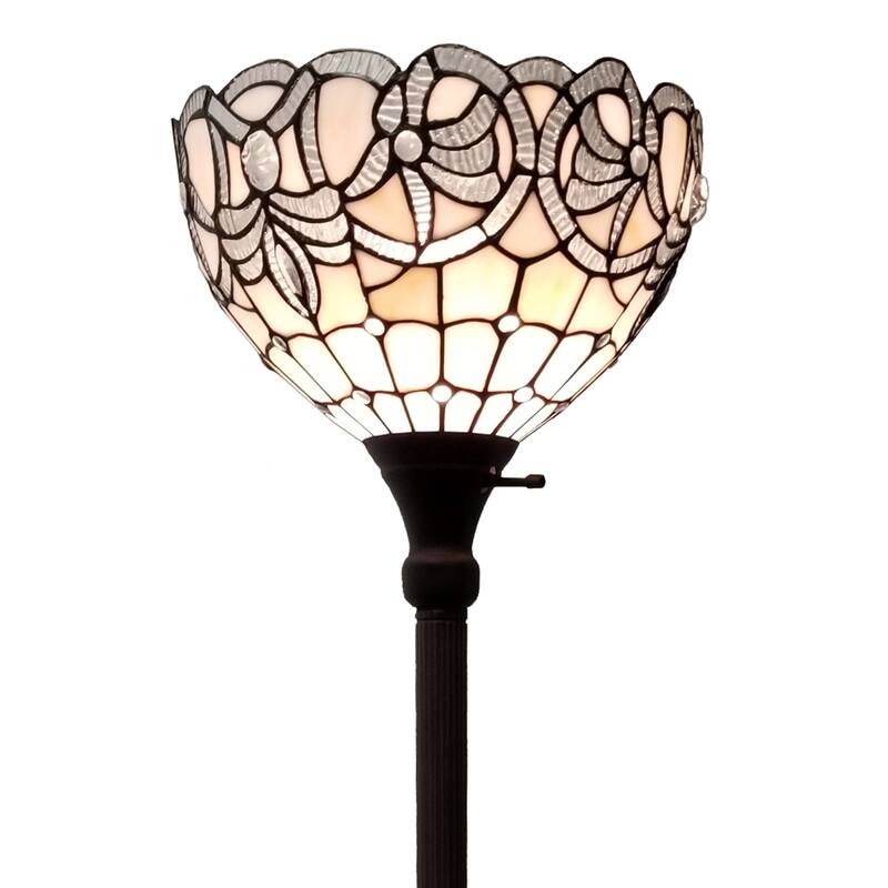 Brown Metal Torchiere Floor Lamp with White Floral Stained Glass Dome - 12” x 12” x 72” (D x W x H)