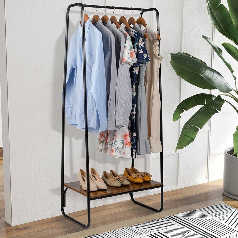 Freestanding Clothing Rack with Wood Shelf, Garment Rack Bed Bath