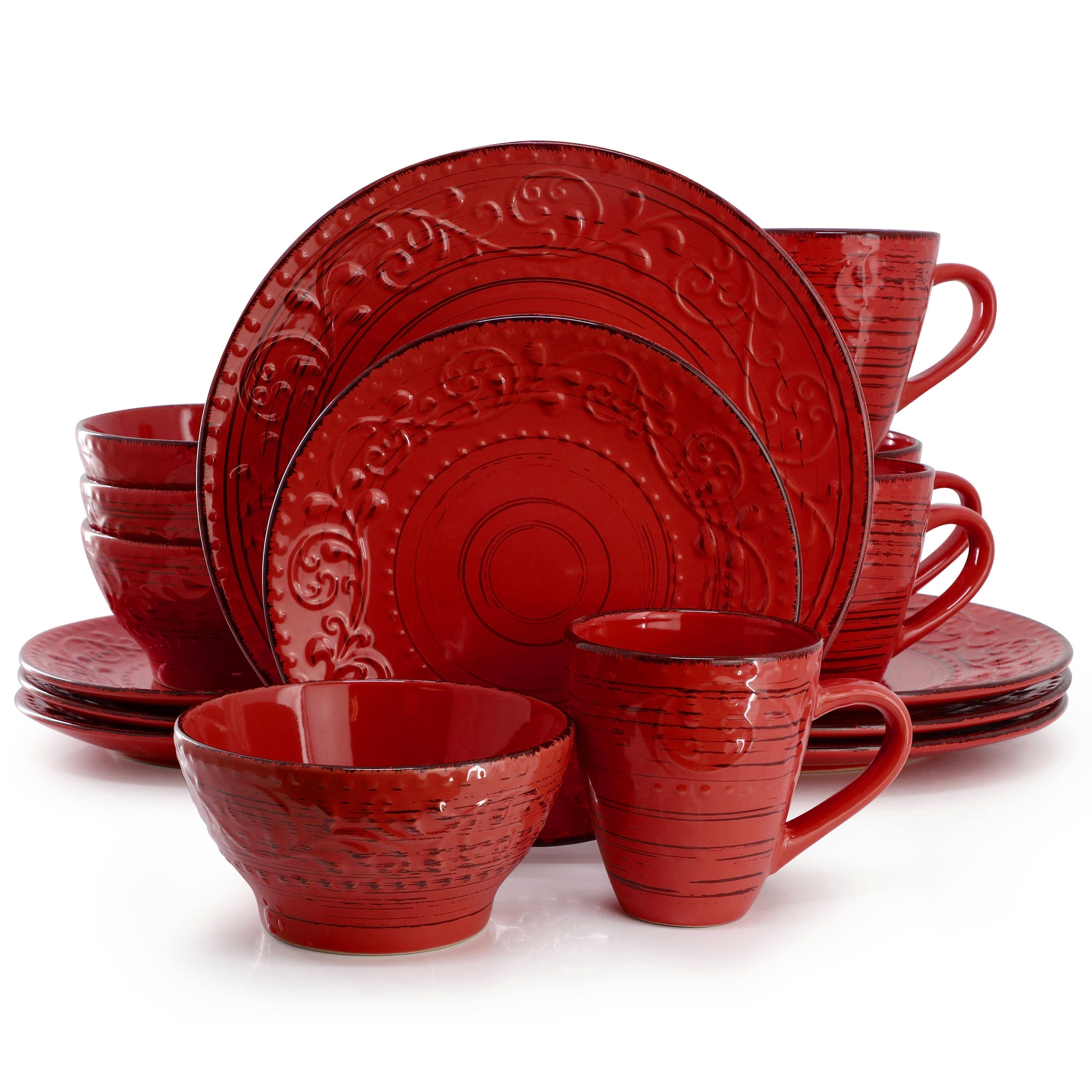 Elama Malibu Ocean Bloom 16-Piece Dinnerware Set in Red