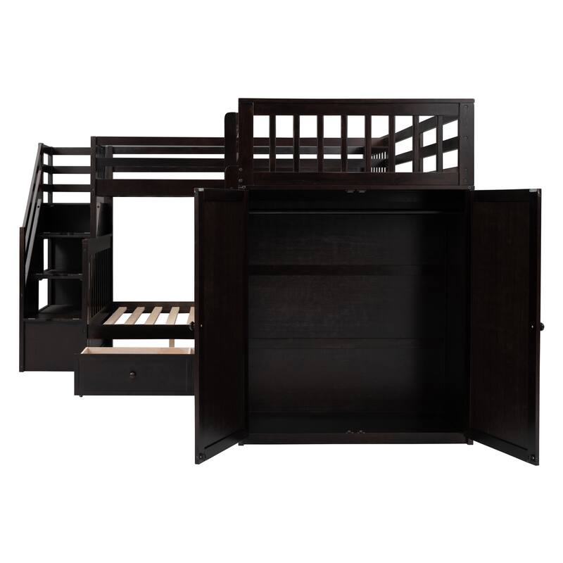 Roomfitters Twin-Twin Over Full L-Shaped Bunk Bed with Desk, Wardrobe and Storage Drawers, Multi-Bed Design
