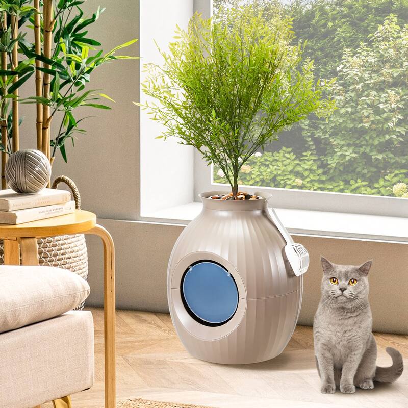 EROMMY Hidden Cat Litter Box Enclosure with Artificial Plants, Plasma Sterilization System - Brown - With LED 