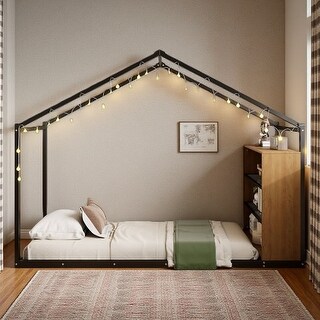 Full Size House Bed Frame with Metal Slats, Built-in Shelves, and LED Lights, Fun Playhouse Design for Kids