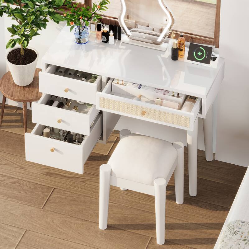 39" Retro Bohemian Style Wooden Makeup Vanity Set with Charging Plug&USB Port and Stool